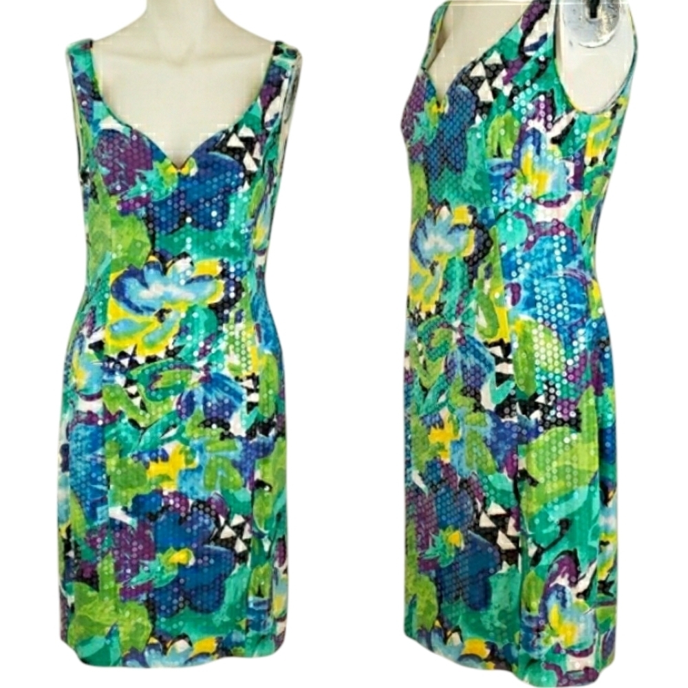 A.J. Bari Vintage 80s Sequins Floral Vibrant Greens Dress Sz 6/8